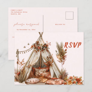 Boho Tent Feathers Wedding RSVP Postkarte