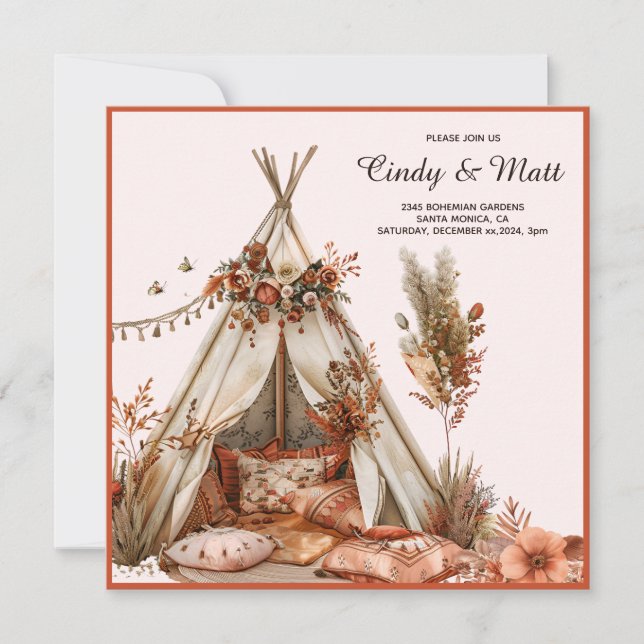 Boho Tent Garden Floral Wedding Einladung (Vorderseite)