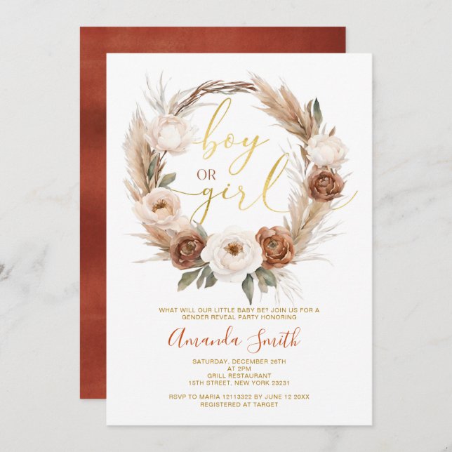 Boho Terracota Blume Junge oder Mädchen Gender Rev Einladung (Vorne/Hinten)