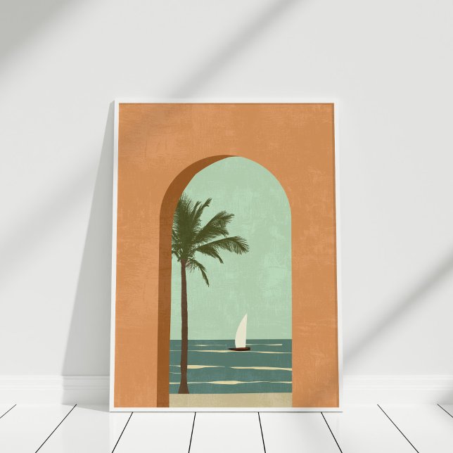 Boho Terracotta Aquamarine Küstenmalerei Kunst, Di Poster (Boho Terracotta Teal Coastal Illustration Art Poster in a white frame against white wall.)