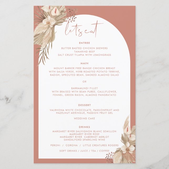 Boho Terracotta Arch Pampas Grass Menu (Vorderseite)