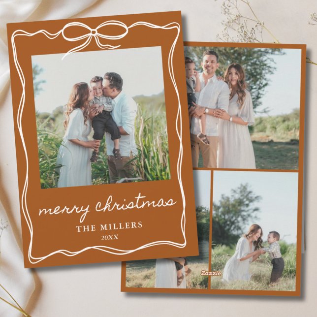 Boho Terracotta Bow Frohe Weihnachten 4 Foto Famil (Terracotta Christmas Card Boho Design with 4 Photos)