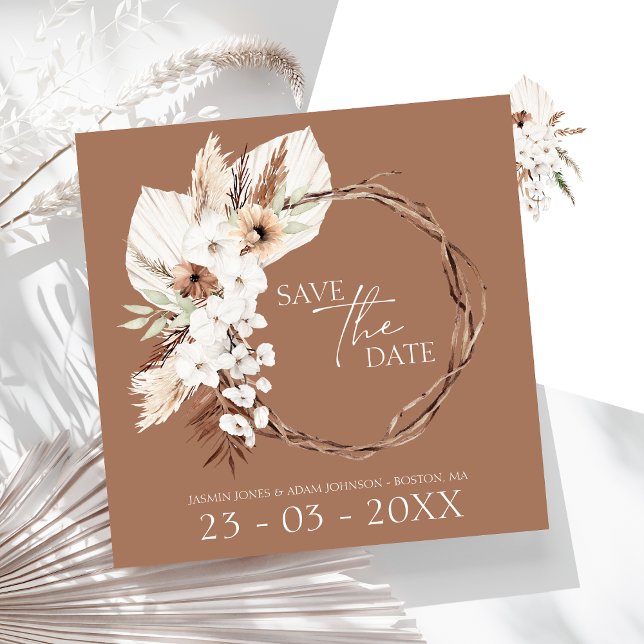 Boho Terracotta Brown Driving Floral Wreath Weddin Save The Date (Boho Terracotta Brown Dried Floral Wreath Wedding Save The Date)