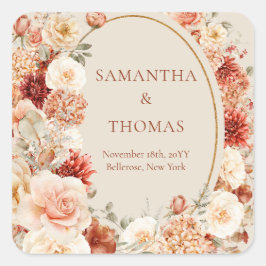 Boho terracotta burgundy floral eucalyptus Aufkleb Quadratischer Aufkleber