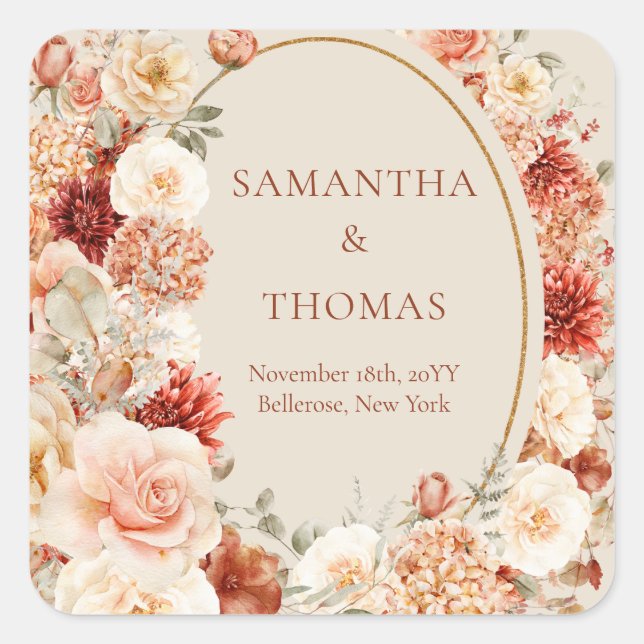 Boho terracotta burgundy floral eucalyptus Aufkleb Quadratischer Aufkleber (Vorderseite)