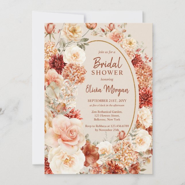 Boho terracotta burgundy floral eucalyptus Bridal Einladung (Vorderseite)