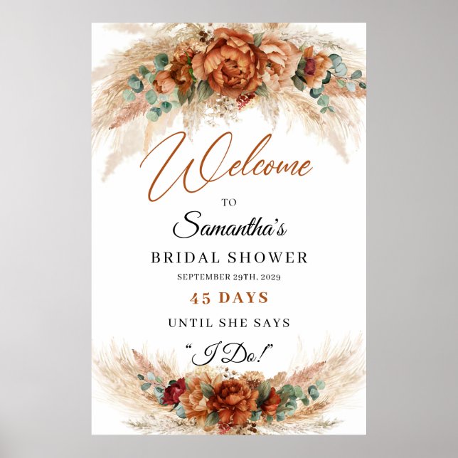 Boho terracotta burgundy floral pampes Count down Poster (Vorne)