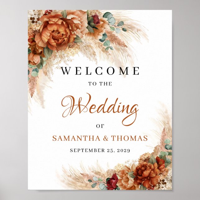 Boho terracotta burgundy pampas grass Wedding Sign Poster (Vorne)