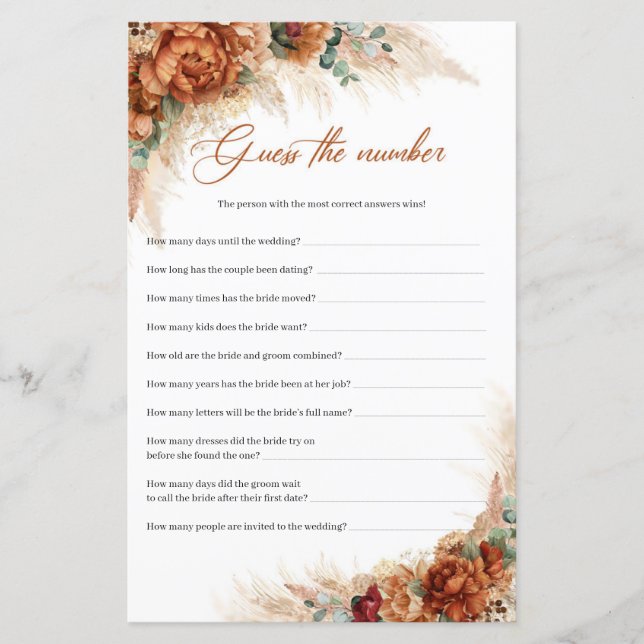 Boho terracotta burgundy pampas Ratet die Zahl (Vorderseite)