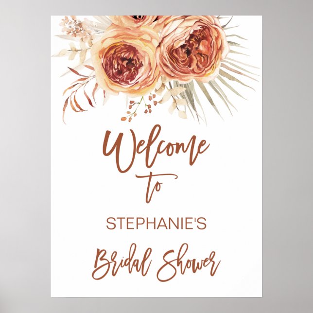 Boho Terracotta Burnt Orange Floral Bridal Willkom Poster (Vorne)