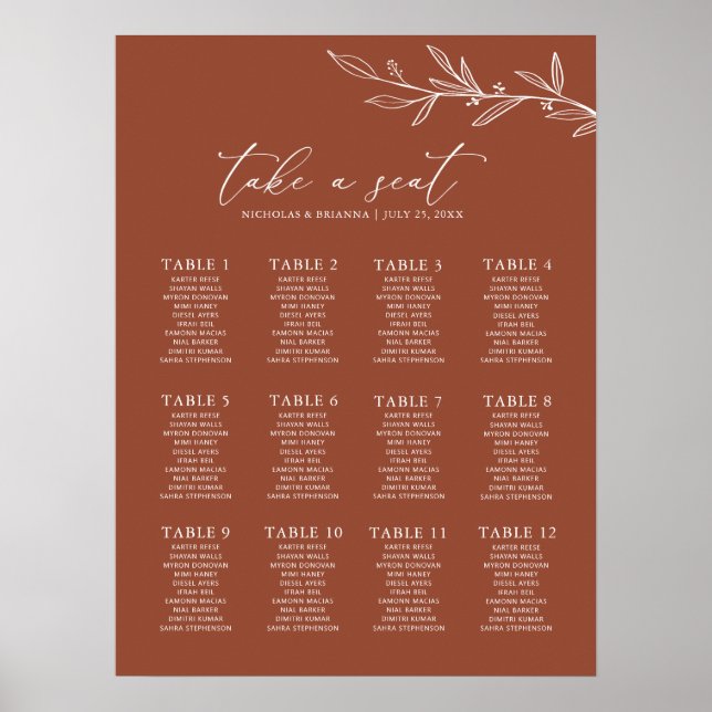Boho Terracotta Burnt Orange Wedding Chart Poster (Vorne)