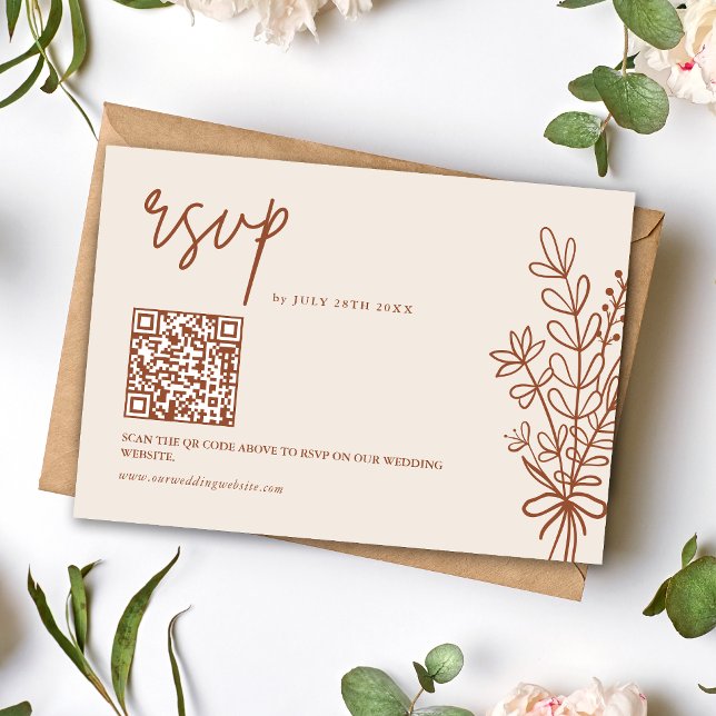 Boho Terracotta Burnt Orange Wedding QR Code RSVP Karte (Boho terracotta QR code RSVP card simplifies guest replies with warm rustic charm.)