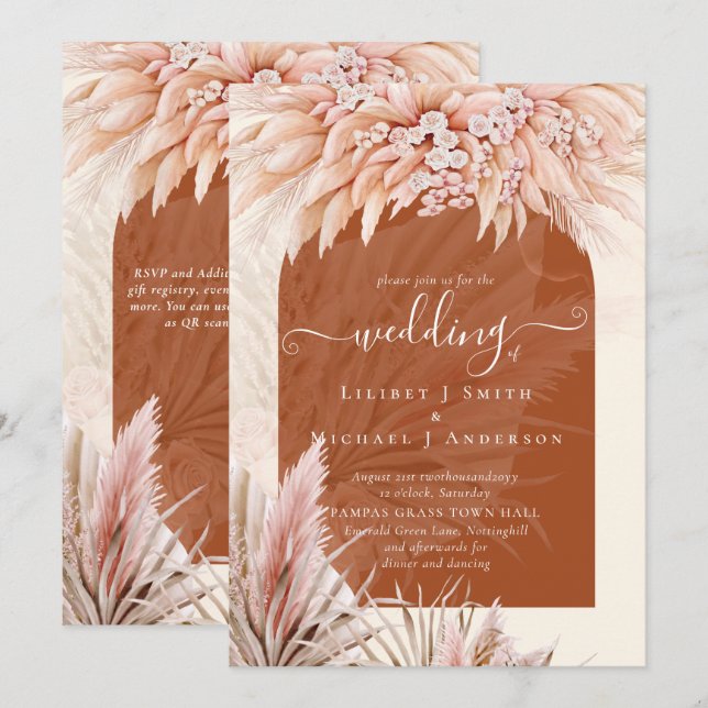 BOHO Terracotta Coral Pampas Grass Wedding Einladung (Vorne/Hinten)