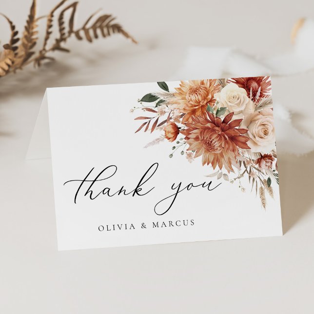 Boho Terracotta Dahlia Floral Elegante Hochzeit Dankeskarte (Von Creator hochgeladen)