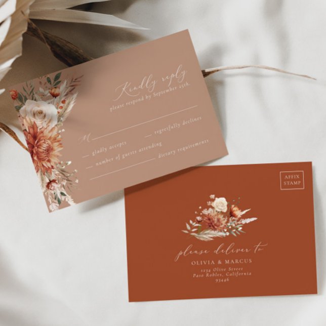 Boho Terracotta Dahlia Floral Elegante Hochzeit RSVP Karte (Von Creator hochgeladen)