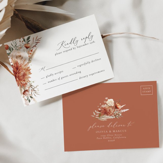 Boho Terracotta Dahlia Floral Elegante Hochzeit RSVP Karte (Von Creator hochgeladen)