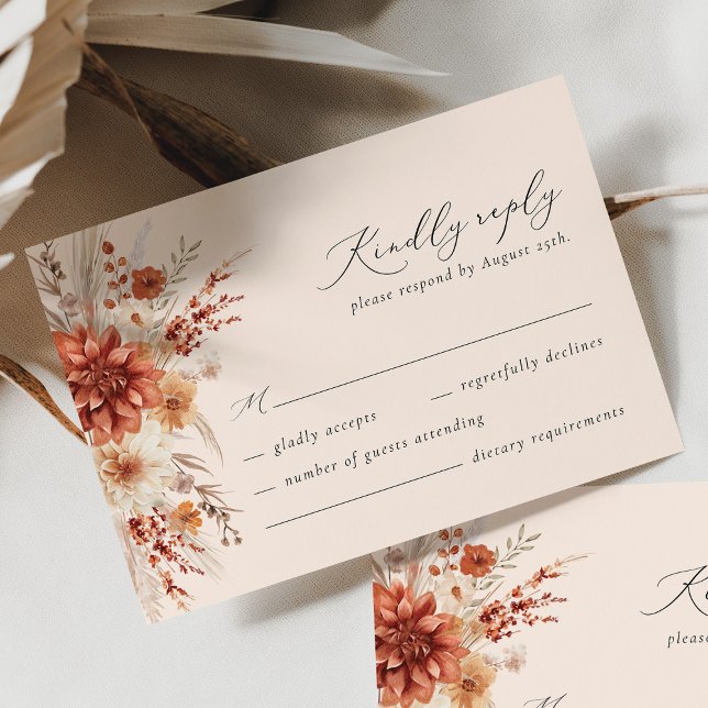 Boho Terracotta Dahlia Wildblume Elegante Hochzeit RSVP Karte (Von Creator hochgeladen)