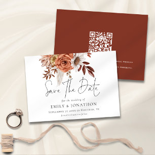 Boho Terracotta Fall Florals QR Code Wedding Save The Date
