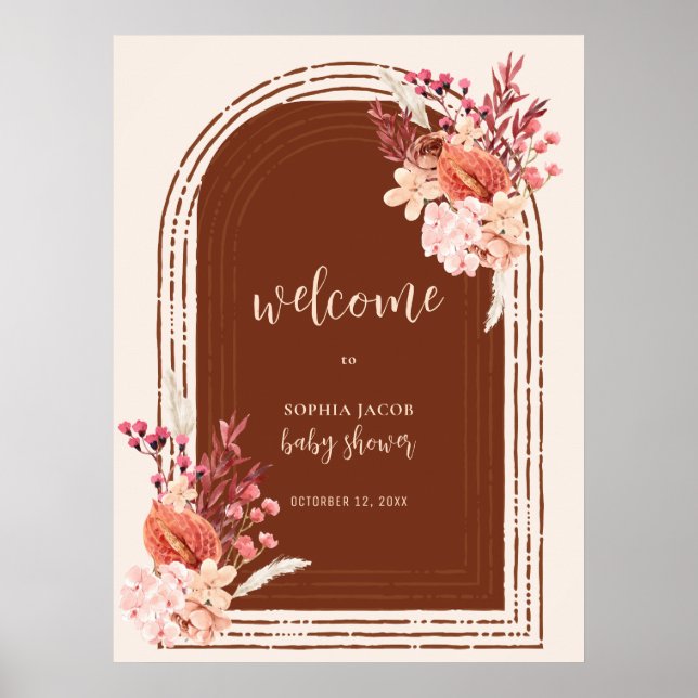 Boho Terracotta Floral Arch Baby Dusche Willkommen Poster (Vorne)