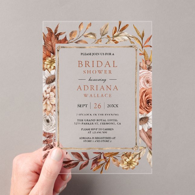 Boho Terracotta Floral Bridal Shower Acryleinladungen (Insitu (Handheld))