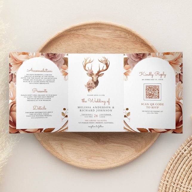 Boho Terracotta Floral Deer QR Code Wedding Dreifach Gefaltete Einladung (Von Creator hochgeladen)