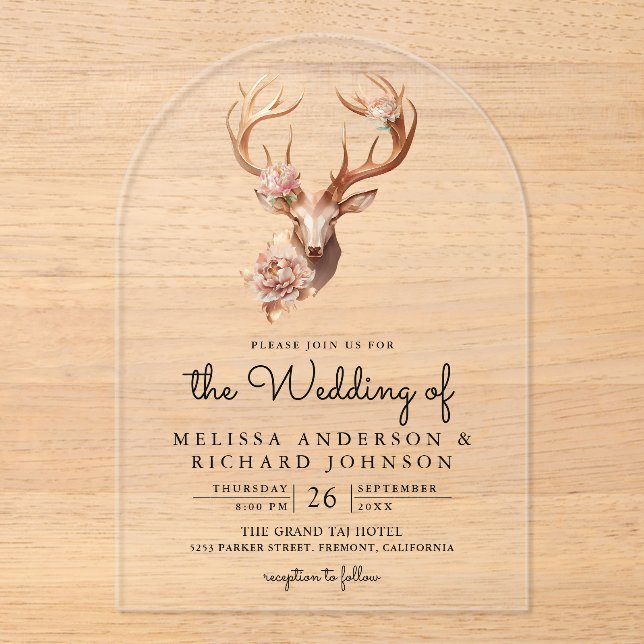 Boho Terracotta Floral Deer Wedding Acryleinladungen (Vorderseite)
