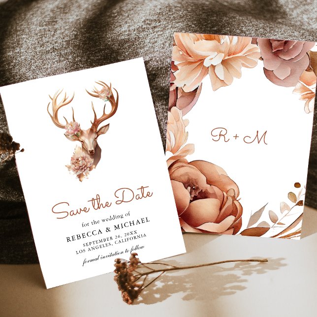 Boho Terracotta Floral Deer Wedding Save The Date (Von Creator hochgeladen)