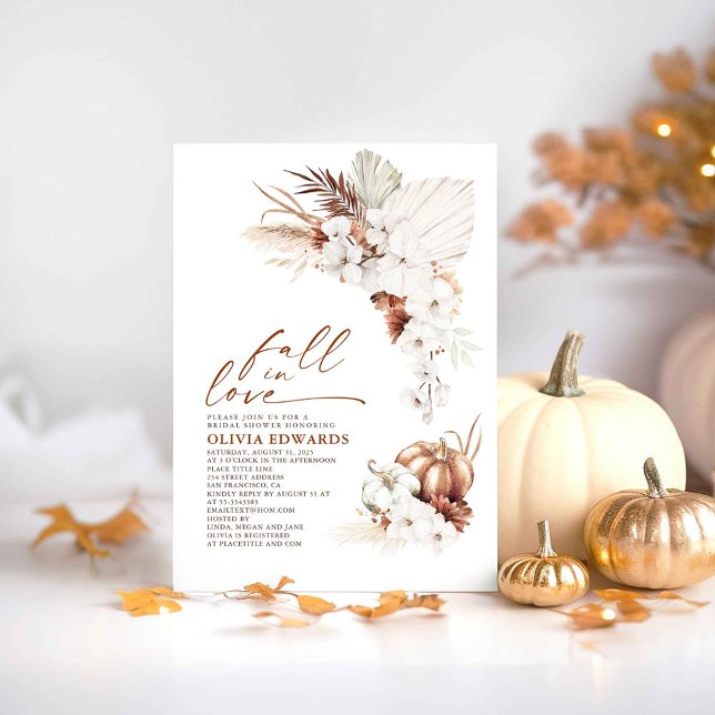 Boho Terracotta Floral Fall in Liebe Brautparty Einladung (Fall in Love Gold Pumpkins and White Orchids Bridal Shower Invitations)