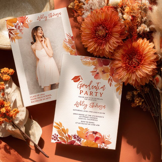 Boho Terracotta Floral Graduation Script Photo Einladung (Boho Terracotta Floral Graduation Script Photo Invitation)
