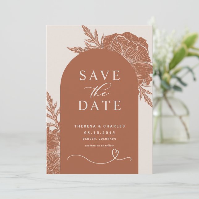 Boho Terracotta Floral Line Arte Save the Date (Stehend Vorderseite)