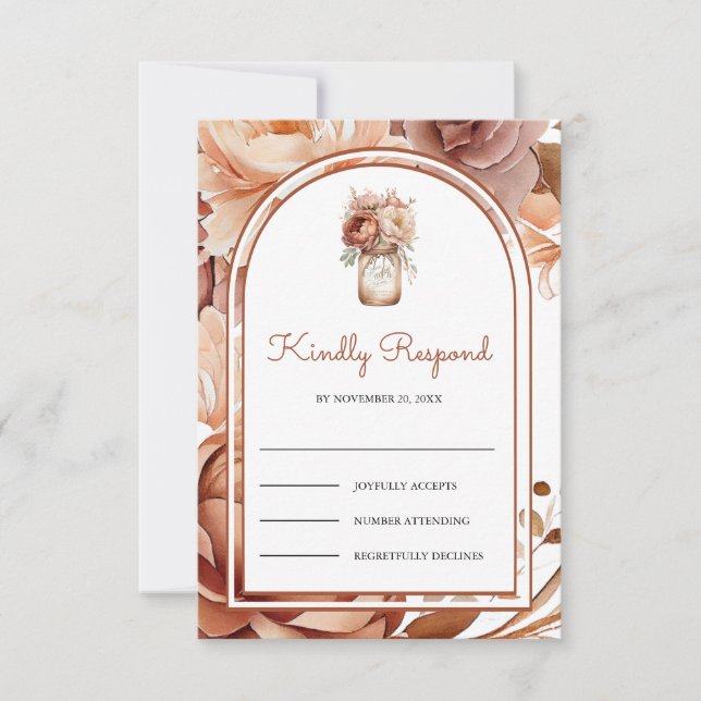 Boho Terracotta Floral Mason Jar Wedding RSVP Karte (Vorderseite)