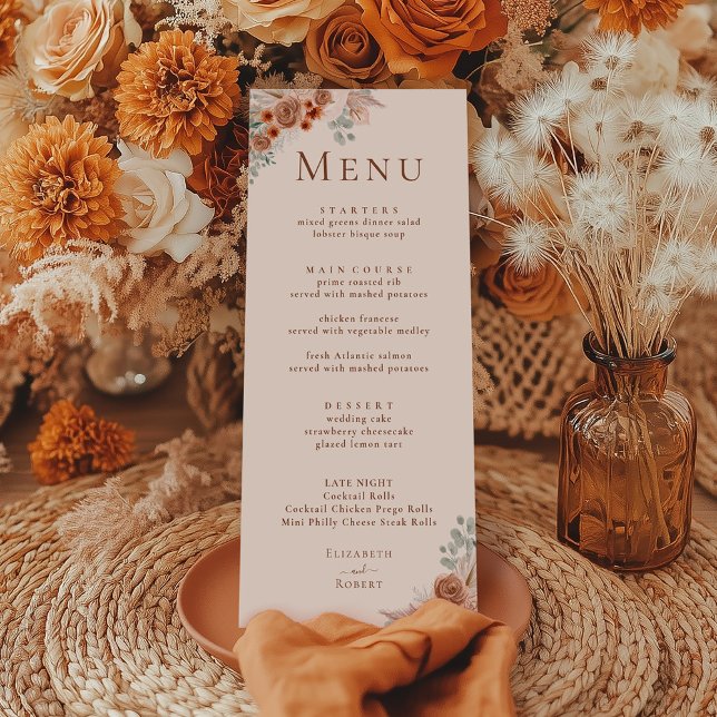 Boho Terracotta Floral Pampas Grass Wedding Menü Menükarte (Boho Terracotta Floral Pampas Grass Wedding Menu on a boho table with terracotta dry flowers)