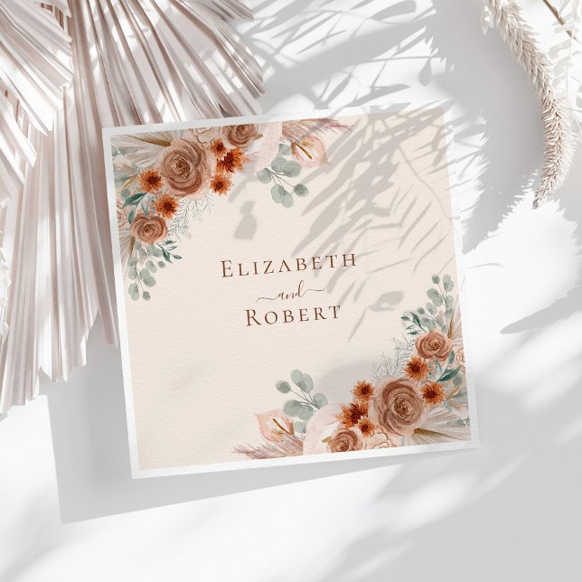 Boho Terracotta Floral Pampas Grass Wedding Serviette (Boho Terracotta Floral Pampas Grass Wedding Napkins on a sunny table with boho white dry botanicals)