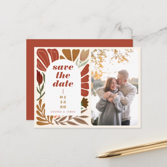 Boho Terracotta Floral Save the Date Wedding Foto Ankündigungspostkarte (Vorderseite/Rückseite Beispiel)