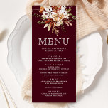 Boho Terracotta Floral Wildblume Burgundy Wedding Menükarte<br><div class="desc">Elegante Speisekarte mit schönen rustikalen Wildblumen und moderner Typografie.</div>
