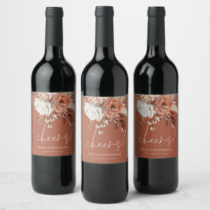 Boho Terracotta Florals Cheers Names Brown Wedding Weinetikett