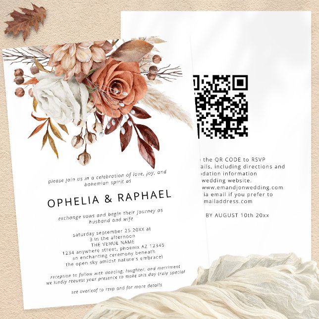 Boho Terracotta Florals QR Code Bohemisch Wedding Einladung (Front and Back View)