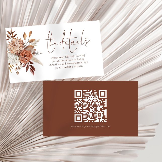 Boho Terracotta Florals QR Code Wedding Details Begleitkarte (Front and back view)