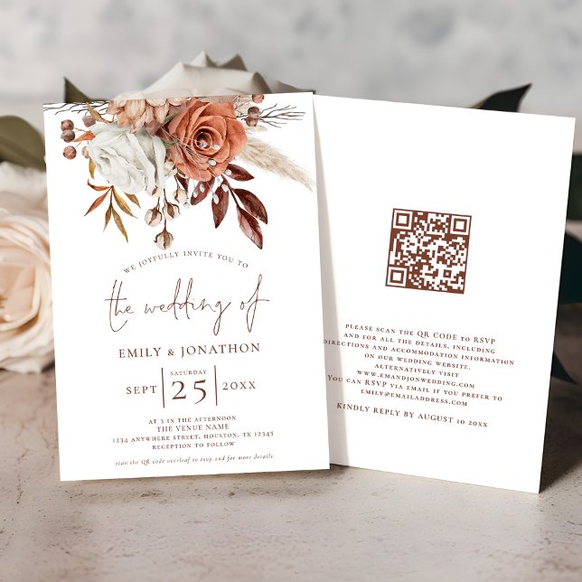 Boho Terracotta Florals QR Code Wedding Einladung (Front and back view)