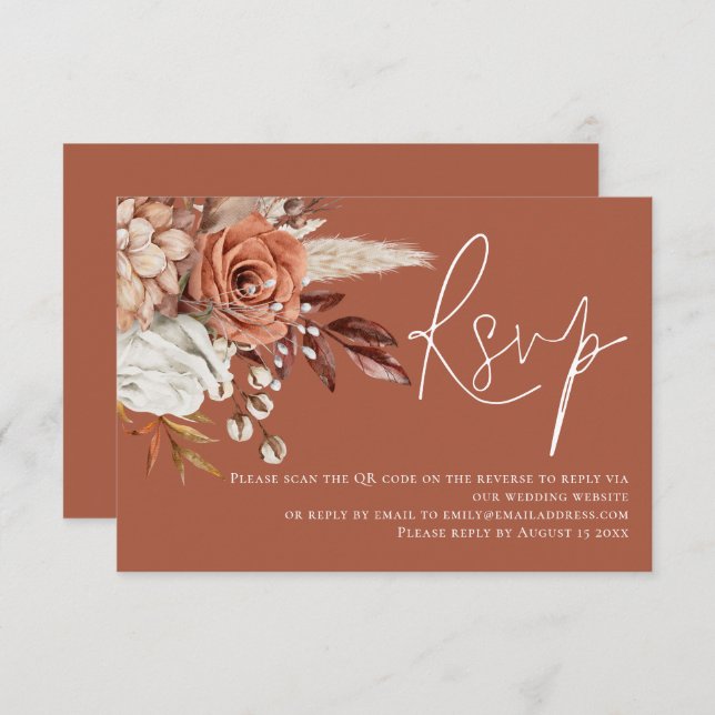 Boho Terracotta florals QR Code Wedding RSVP (Vorne/Hinten)
