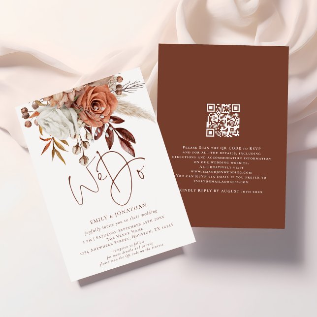 Boho Terracotta Florals We Do QR Code Wedding Einladung (Front and back view)