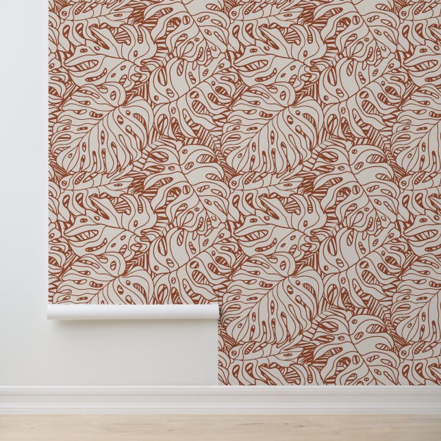 Boho Terracotta Gray Palm Leaf Print Pattern Tapete (Anwendung)