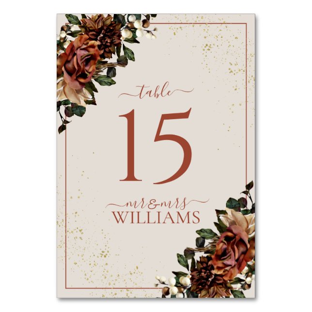 Boho Terracotta Greenery Floral Wedding Tischnummer (Vorderseite)