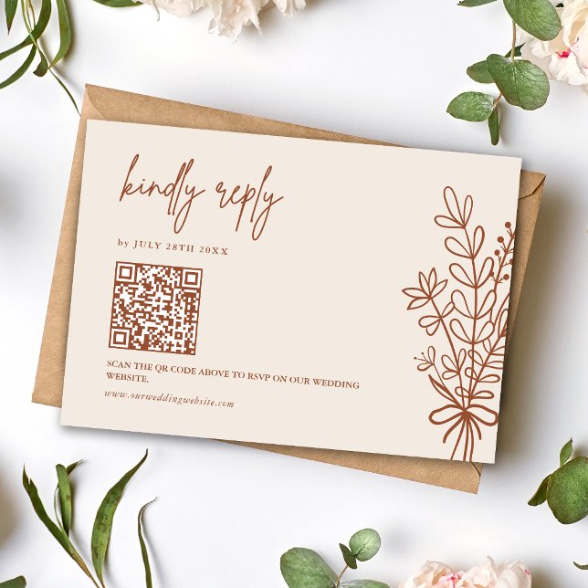 Boho Terracotta Kindly Antwort Hochzeit QR Code (Boho terracotta kindly reply QR RSVP card makes responses easy with warm rustic charm.)