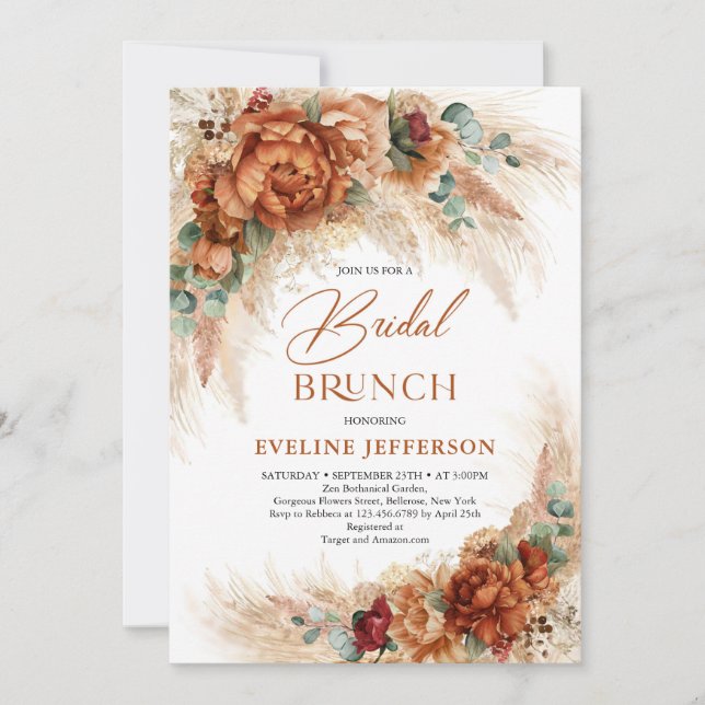 Boho Terracotta Kupfer Rost Blume Bridal Brunch Einladung (Vorderseite)