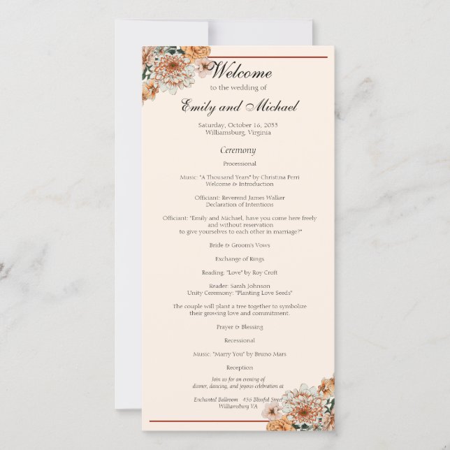 Boho Terracotta Lush Fall Floral Wedding Program (Vorderseite)