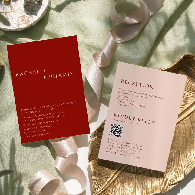 Boho Terracotta Minimalist Wedding 2 Sided QR Code Einladung (Von Creator hochgeladen)