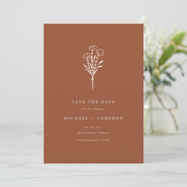 Boho Terracotta Minimalistisch Botanical Bouquet Save The Date (Stehend Vorderseite)