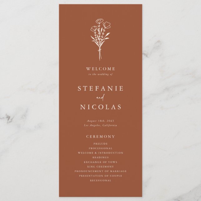 Boho Terracotta Minimalistisch Botanicals Wedding Programm (Vorderseite)