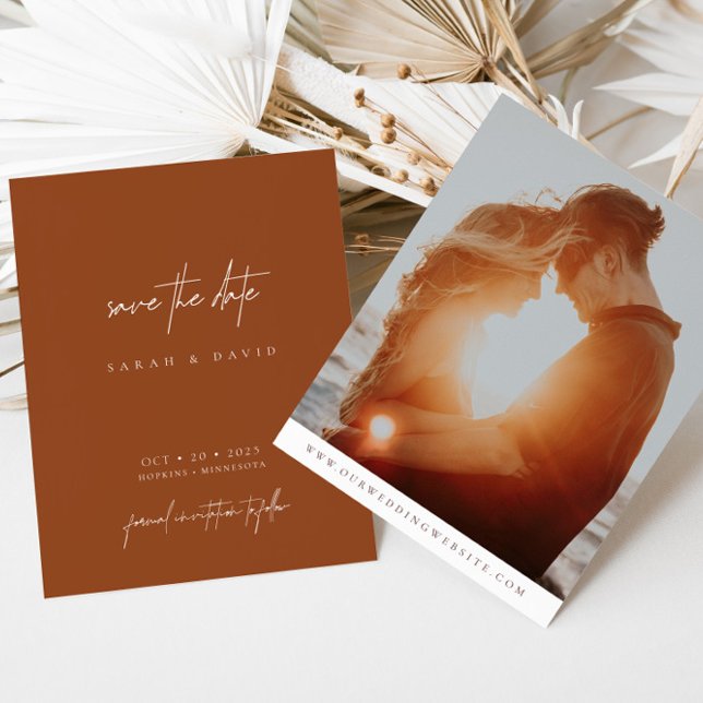 Boho Terracotta Modernes Script Foto Save the Date (Von Creator hochgeladen)